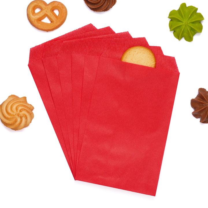 Quotidian Flat Greaseproof Paper Bags - Strawberry Red Envelopes for Goodies, Cookies, Candy, Wedding, and Birthday Parties. Pack of 100 for Stylish Celebrations