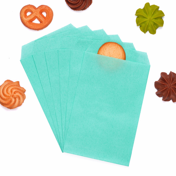 Quotidian Flat Greaseproof Paper Bags - Aqua Blue Envelopes for Goodies, Cookies, Candy, Wedding, and Birthday Parties. Pack of 100 for Stylish Celebrations