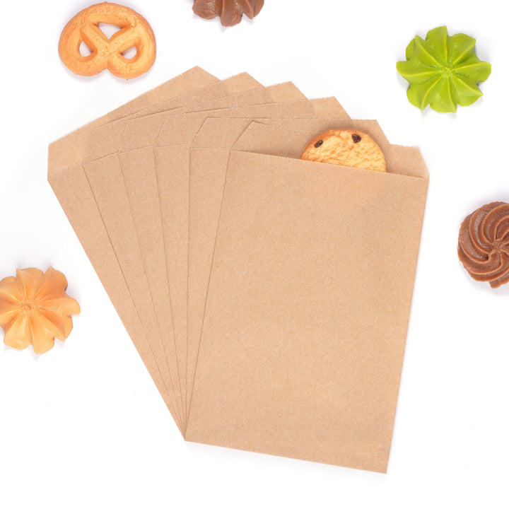 Quotidian Flat Greaseproof Paper Bags - Brown Envelopes for Goodies, Cookies, Candy, Wedding, and Birthday Parties. Pack of 100 for Stylish Celebrations